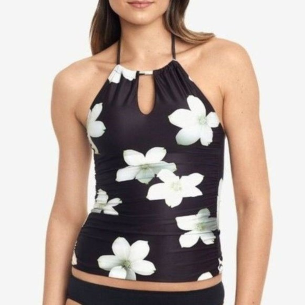 NWOT Ralph Lauren 4 Villa Floral Keyhole Halter Tankini Top Black/White 97567